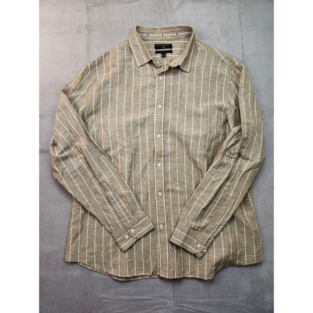 Banana Republic Linen Blend Shirt Men's XL Untucked Fit Long Sleeve Tan‎ Striped